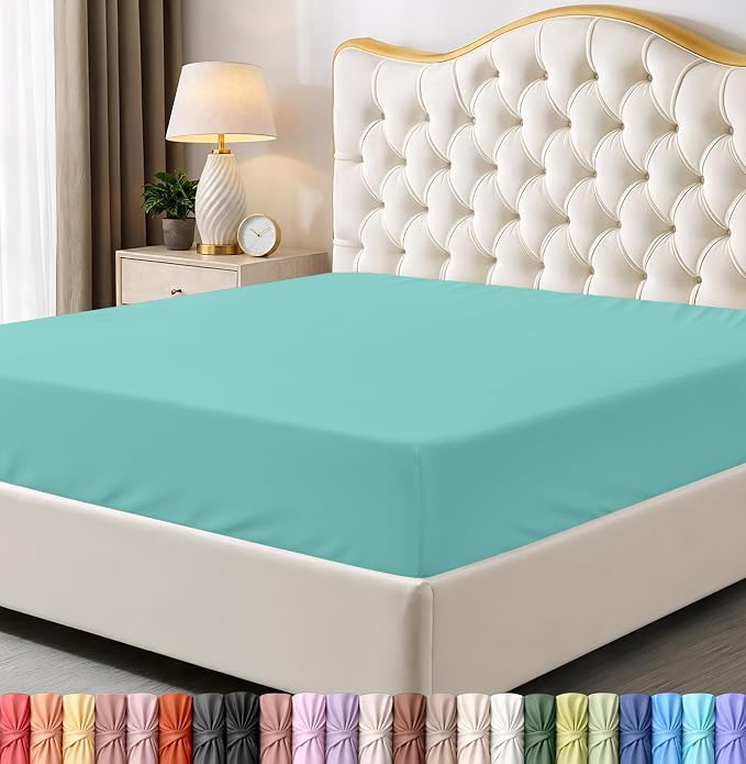 King Fitted Sheet, Ultra Soft Fits Up to 16 Inch Deep Pocket, Spa Blue | Hotel Comfort, Cooling & Breathable Cotton like Polyester, Easy Fit, Wrinkle & Fade Resistant, Snug Fit, Easy Care, Oeko-Tex