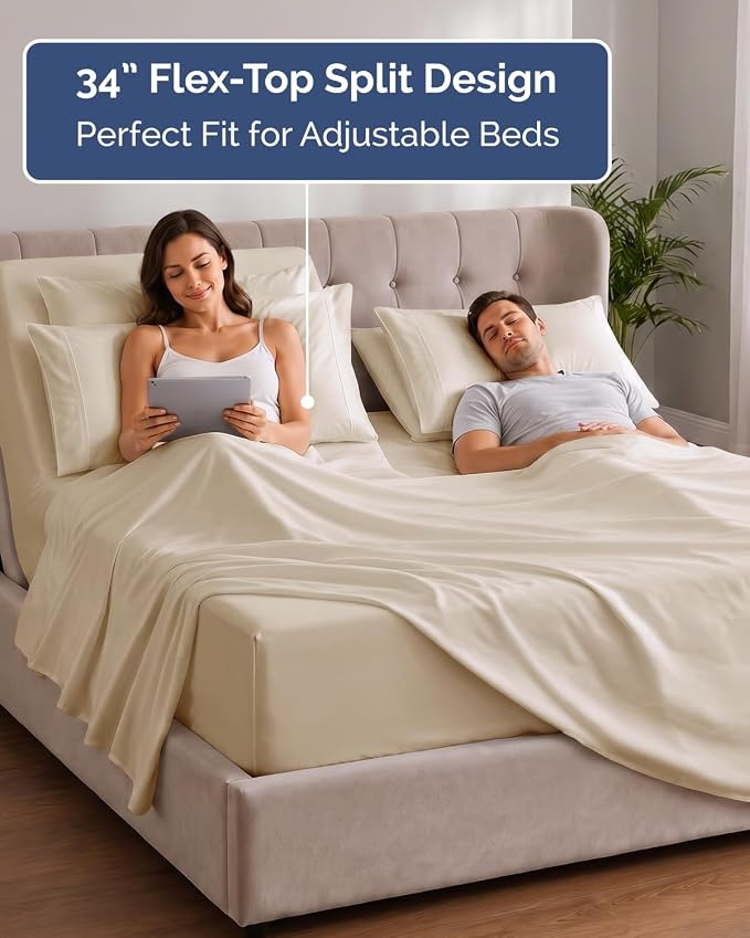 CGK Unlimited Extra Deep Flex Top Split Head King Sheet Set - 6 Piece Breathable and Cooling Sheets - Hotel Luxury Bedding for Women, Men, Kids & Teens - Easy Secure Fit - Extra Deep Pockets - Cream