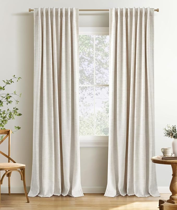 INOVADAY 100% Blackout Linen Curtains for Bedroom 50x102 Inches Cream | Linen Textured, Light Blocking, Room Darkening, Thermal Insulated, Back Tab Top, Window Curtains for Living Room, 2 Panels