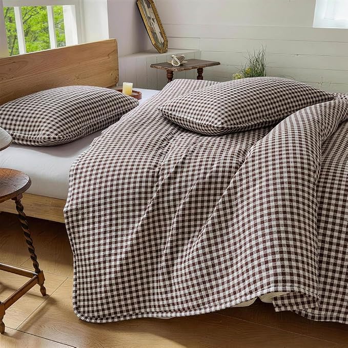 NSNLGSGC Mocha Gingham Queen Summer Bedspread Quilt Set | Pre-washed Microfiber,Lightweight Checked Grid Bedding Coverlets for All Seasons