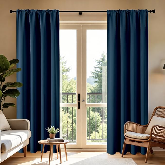 CUCRAF Navy Blue Blackout Curtains 108 inch Length 2 Panels Set, Rod Pocket Room Darkening Drapes for Bedroom Living Room, Insulated Thermal Light Blocking Window Curtain (W52 x L108 Inch)