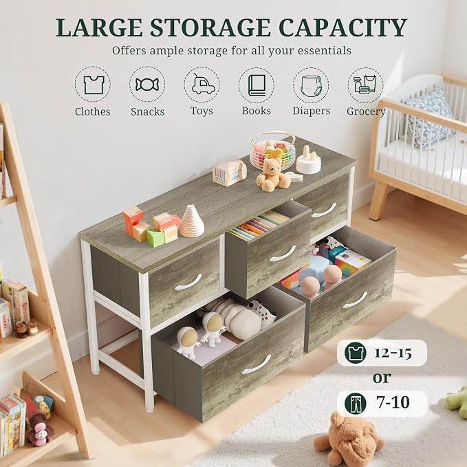 5-Drawer Dresser for Bedroom, Anti-Tip Wide Storage Organizer Fabric | Chest of Drawers TV Stand for 45" TV with Wooden Top and Metal Frame for Closet, Living Room, Hallway, Entryway, Greige Oak