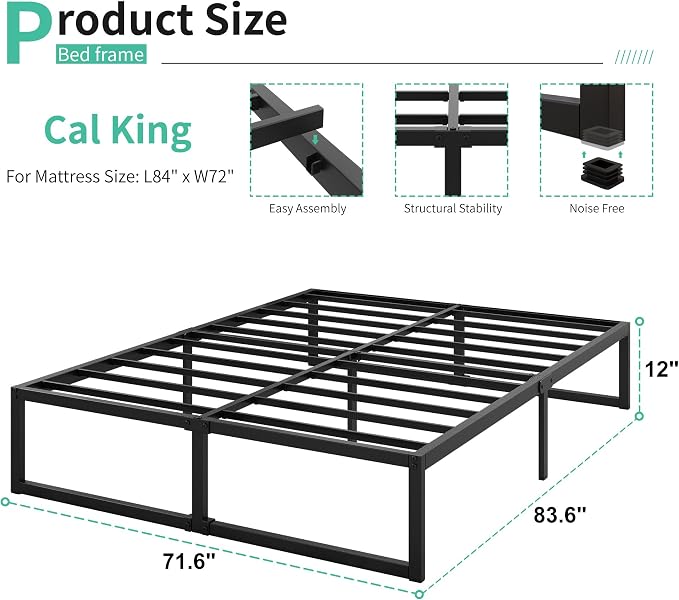 Lutown-Teen 12 Inch California King Bed Frames with Steel Slat Support | Heavy Duty Metal Cal King Platform for Mattress Foundation, Noise Free, Easy Assembly, Black