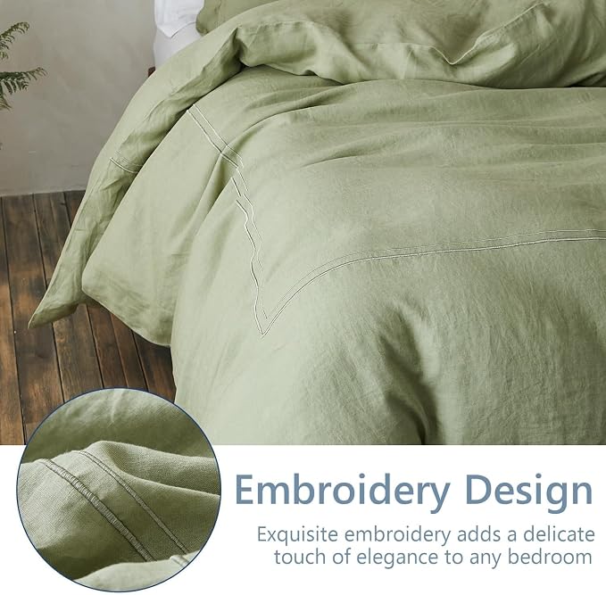 Simple&Opulence 100% Washed Linen Duvet Cover Set 68"x86" - 2 Pieces Soft Farmhouse Comforter Set Double Embroidered with Button Closure - 1 Duvet Cover and 1 Pillowsham (Sage Green, Twin)