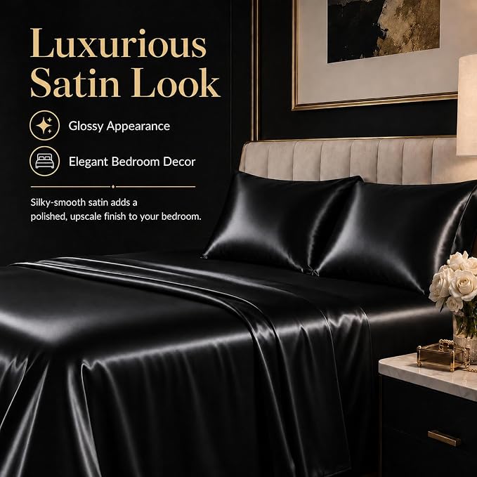 CozyLux Satin Sheets Twin, 3-Piece 14-Inch Deep Pocket Sheet Set | OEKO-TEX Certified Silky Soft Sheet Set for Hair & Skin, Luxurious Silky-Smooth Satin for Elegant Bedroom Decor, Black