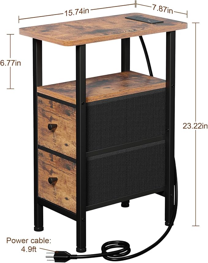 LOAKEKEL Narrow End Table with Charging Station, Small Nightstand | Skinny Side Tables Living Room with 2 Fabric Drawers, Bedside Table with LED Lights for Bedroom, Small Spaces, Rustic Brown