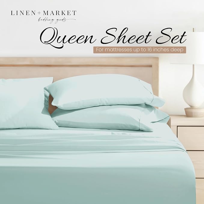Linen Market Brushed Microfiber Queen Sheet Set 4 Piece – Oeko-TEX Certified Ultra Soft & Wrinkle-Free - 16" Deep Pocket Sheets - Easy Care Queen Size - Aqua