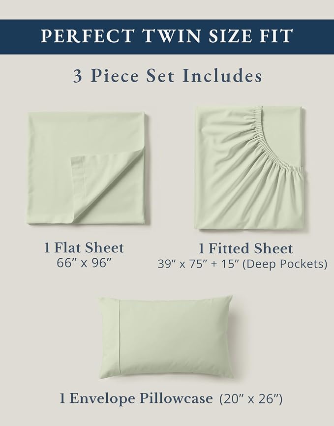LANE LINEN 100% Organic Cotton Twin Sheets, Soft & Comfy Percale Weave Mercerized Fully Elasticized Reinforsed Seam Naturally Temperature Regulating Cotton Sheets Twin- Mineral