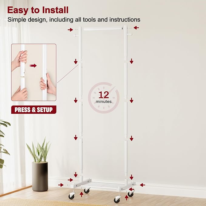 SLEEPING LAMB Small Clothes Racks for Hanging Clothes, Rolling Clothing Rack with Shelves, 60" Metal Garment Rack with Wheels Portable Wardrobe Rack for Small Space, White