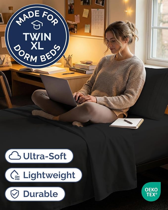 Twin XL 3 Piece Sheet Set - College Dorm Room Essentials - Black | Deep Pocket Bed Sheets for Women, Men, Teens & Students, Soft, Cooling, Breathable & Wrinkle Free, Oeko-Tex Bed Sheet Set
