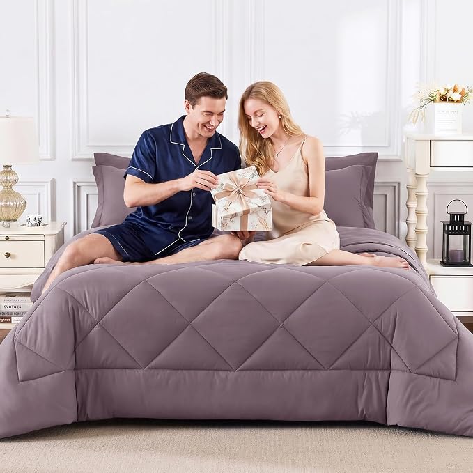 Full Size Comforter Sets Dusty Purple - 7 Pieces Bed in a Bag | OEKO-TEX Certified, All Season, 240GSM Down-Alternative Comforter, Sheets, Pillowcases & Shams, 14" Deep Pocket, Easy Care
