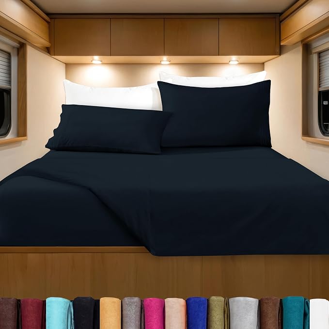 Elegant Comfort Luxurious 1500 Premium Hotel Quality Microfiber Three Line Embroidered Softest 4-Piece Bed Sheet Set, Wrinkle and Fade Resistant, RV Short Queen, Black
