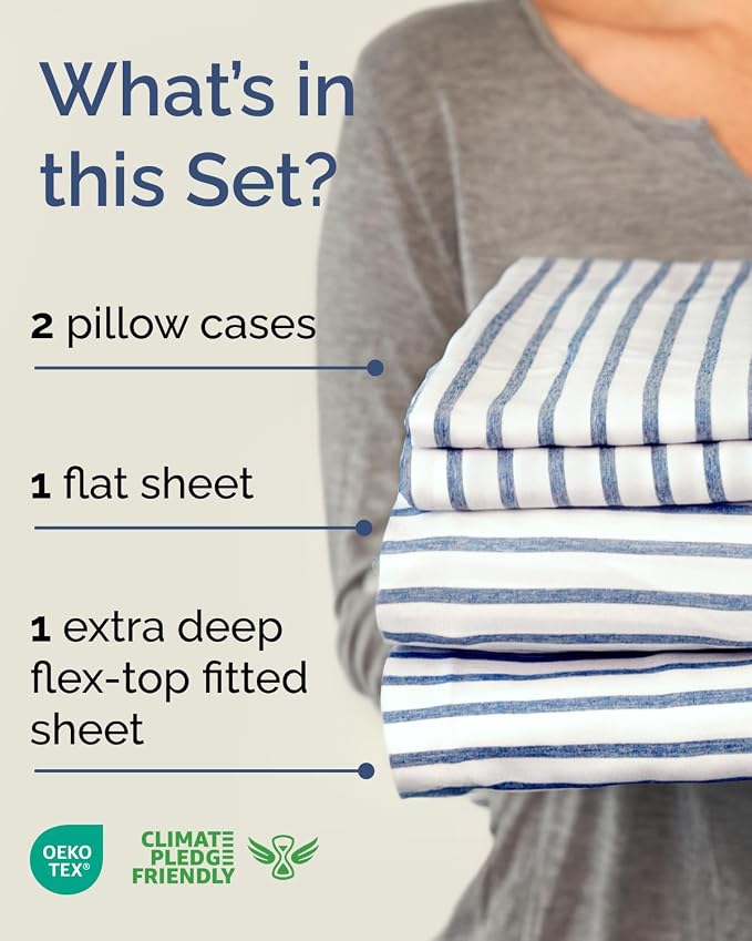 Flex Top Split Head King Sheet Set - 4 Piece Extra Deep - Blue Stripes 2 | Easily Fits 18 to 24 inch Mattress, Ultra Soft, Wrinkle & Fade Free with Extra Deep Pockets, Comfy Hotel Luxury Bedding