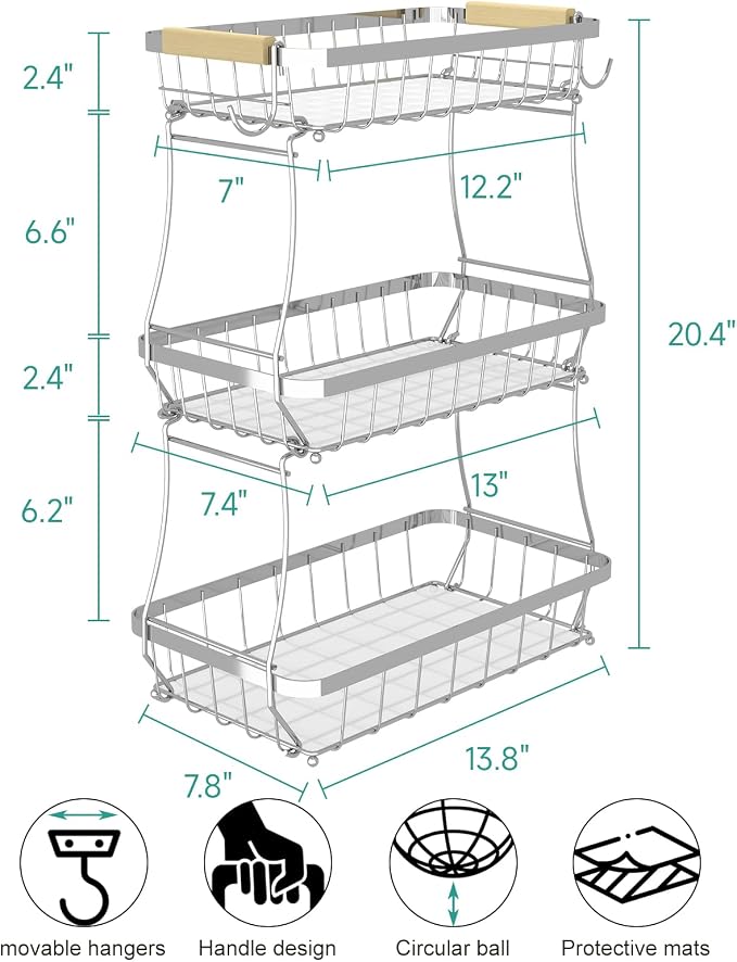 Sevenblue 3-Tier Fruit Basket with Banana Hangers, Detachable Metal Bowl | Wooden handle, protective mats included. Versatile holder for bread, snacks, and veggies. Large 3 tier metal design.