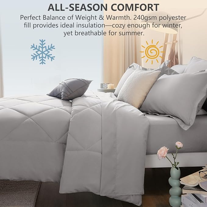 Super King Comforter Set French Grey - 7 Pieces Bed in a Bag | OEKO-TEX Certified, All Season, 240GSM Down-Alternative Comforter, Sheets, Pillowcases & Shams, 14" Deep Pocket, Easy Care