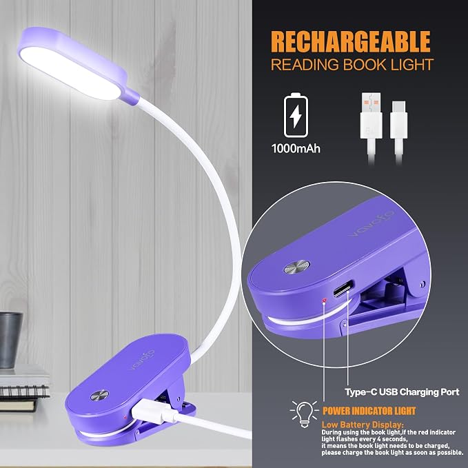 VAVOFO Rechargeable Book Light, 14 LEDs Eye Care Clip On Amber Reading Light for Bookworms Reading in Bed with 9 Colors 9 Brightness (Dark Purple)