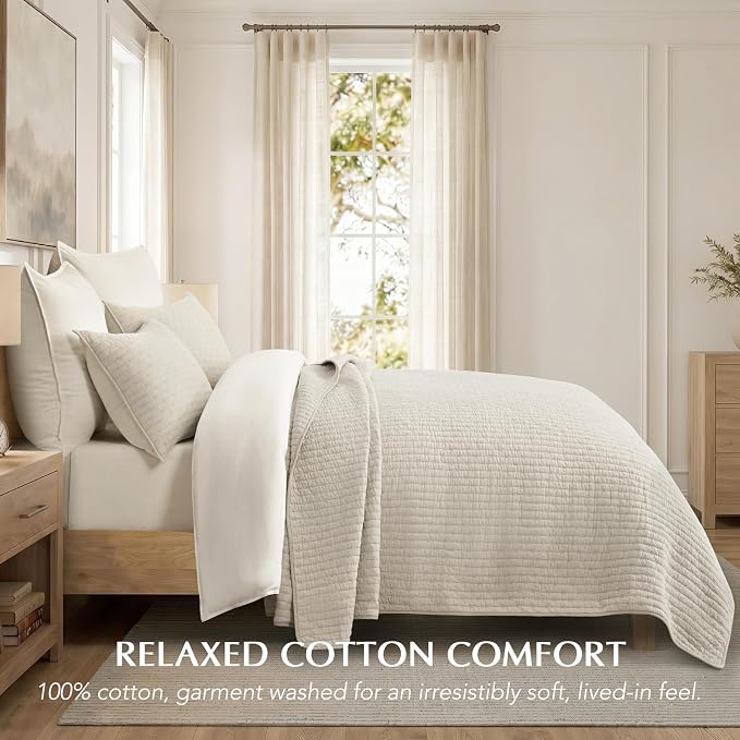 Cross Stitch Pre-Washed Cotton Quilt Bedding Set King Size, Oversized 3 Pieces Lightweight Bedspread Coverlet for All Season, with 2 Matching Shams, Birch,118"x106"