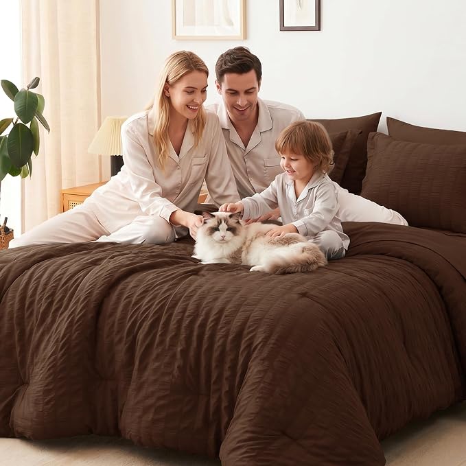 Queen Comforter Set, 7 Pieces Brown Seersucker Bed in a Bag | OEKO-TEX Certified, All Season Bedding Set with 240 GSM Down Alternative Comforter, Flat & Fitted Sheets, Pillowcases & Shams