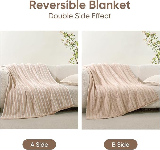 Snuggle Sac Ultra Soft Beige Throw Blanket for Couch, Reversible Cozy Knitted Ribbed Blanket for Sofa, Bed, Home Decor 50"x60"
