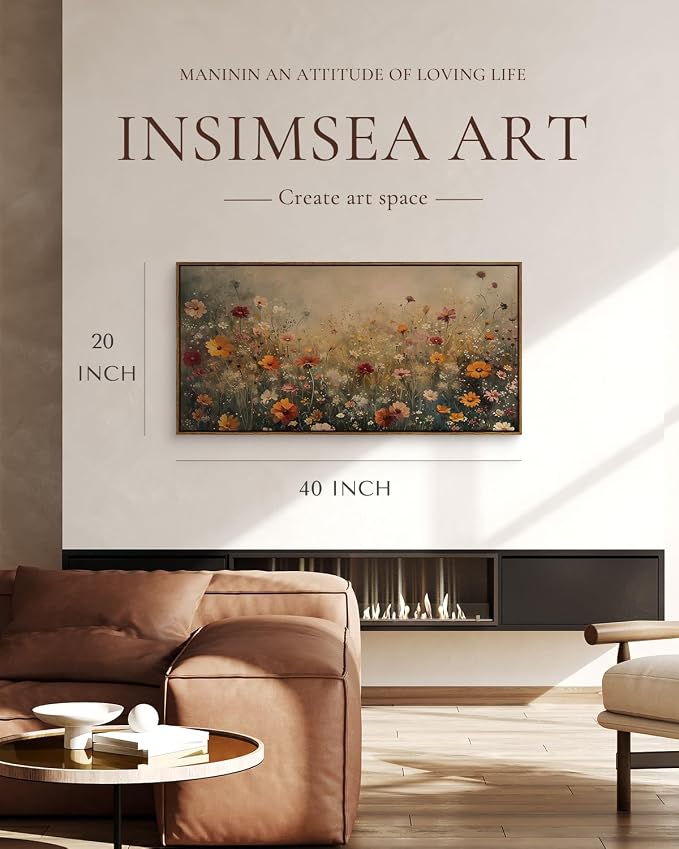 InSimSea Extra Large Framed Vintage Wall Art, Flower Wildflower, 20x40inch | Living Room Country Farmhouse Decor, Spring Landscape Canvas Prints, Retro Long Pictures for Bedroom Above of Bed