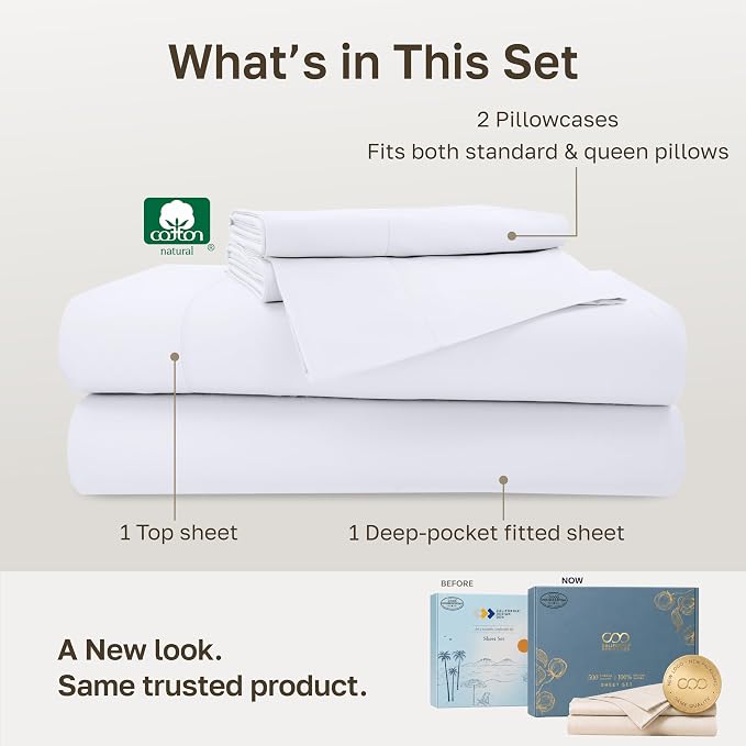 California Design Den Softest 100% Cotton Sateen Full Size Sheets Set,White | Soft 500 Thread Count Backed by Good Housekeeping Seal, 16" Deep Pocket, All-Around Elastic, Durable, Easy Care