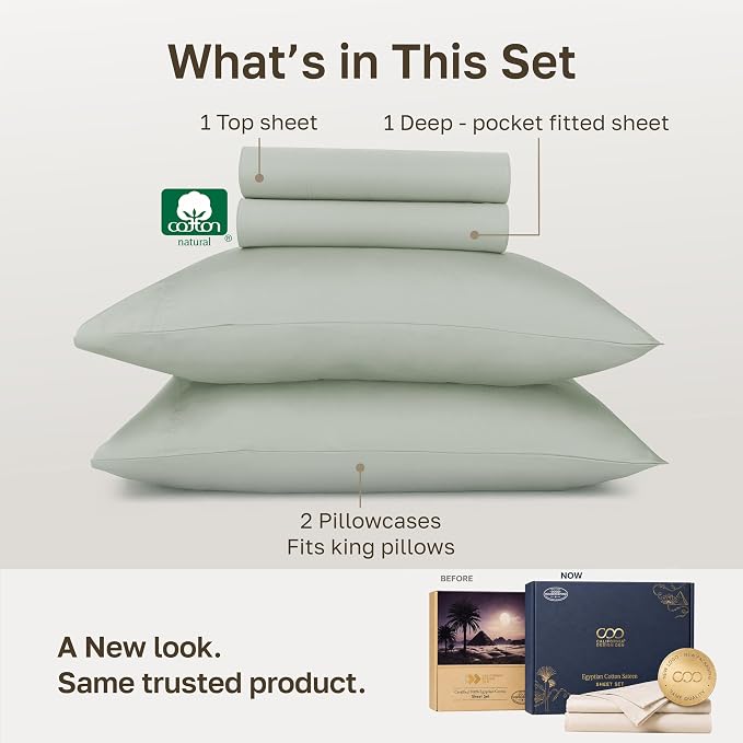 California Design Den 100% Egyptian Cotton California King Sheet Set | Backed by Good Housekeeping Seal, Light & Airy Soft Sateen, 16" Deep Pocket, All-Around Elastic, 4pc Set - Meadow Grey