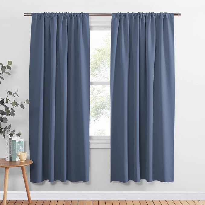 PONY DANCE 63 inch Length Curtains - Room Darkening Kitchen Solid Thermal Draperies Rod Pocket Short Panels Drapes for Bedroom Window Treatments, 52 W by 63-inch L, Blue Haze, 2 PCs