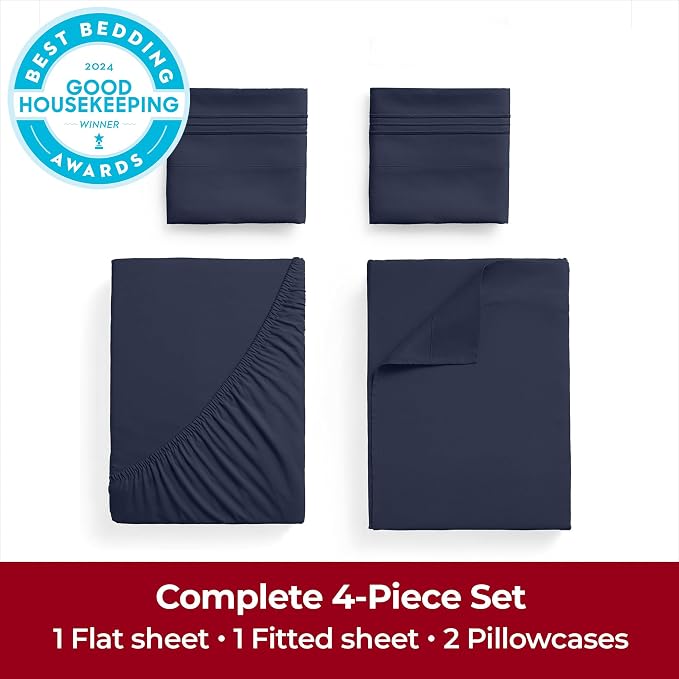 Mellanni Iconic 4-Piece, Ultra Soft Sheet Set (Queen, Navy Blue) | 10M+ Sleepers. Lab-tested: Sleeps Cool, Stays Bright, Strong, Smooth. Good Housekeeping Best Bedding, 7 yrs running.