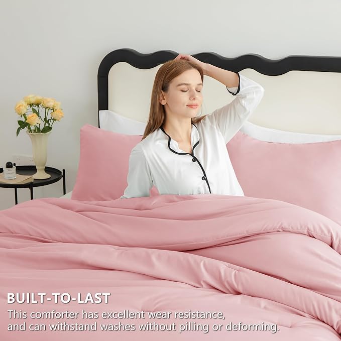 King Comforter Set, 3 Pieces Down Alternative Bedding, Pink | 270 GSM All Season Comforter with 4 Corner Ties for Use as a Duvet Insert, OEKO-TEX Certified, 2 Pillowcases, 102 x 90 in