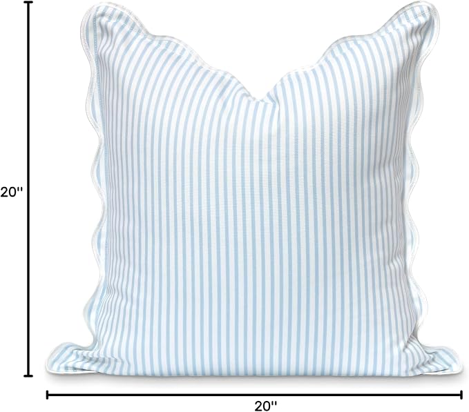 Hofdeco Premium Coastal Patio Indoor Outdoor Scalloped Throw Pillow Cover Only, 20"x20" Water Repellent for Backyard, Couch, Baby Blue Print Stripes