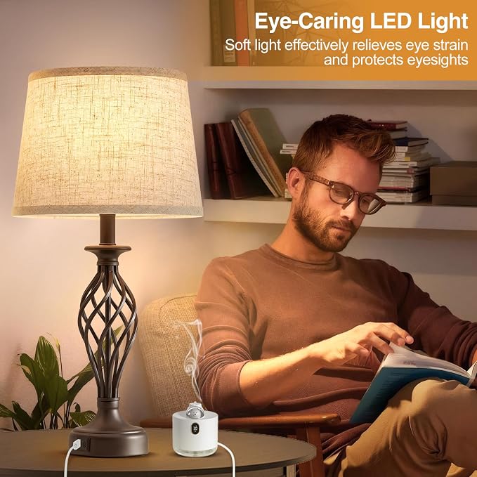 Table Lamp for Bedroom Set of 2 with USB C+A Ports,Modern Night Stand Lamp | Brown Bedside Lamps with Spiral Cage Base,Beige Fabric Shade,Lamp for Living Room Reading Bed Side End Table,Bulbs Included