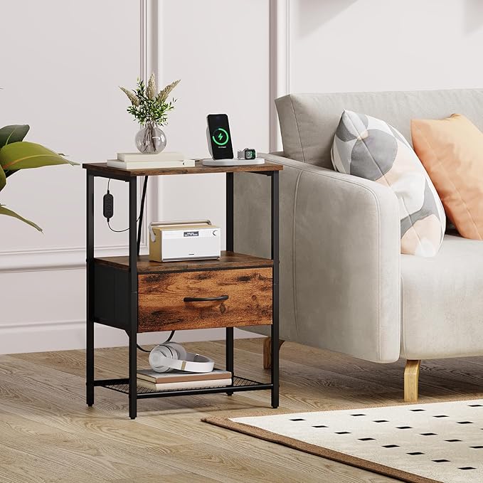Somdot Nightstand with Charging Station & LED Light, Bedroom Bedside Table | Dorm, Guest Room, Kids Room, Laundry, Closet, Entryway and Hallway, Brown