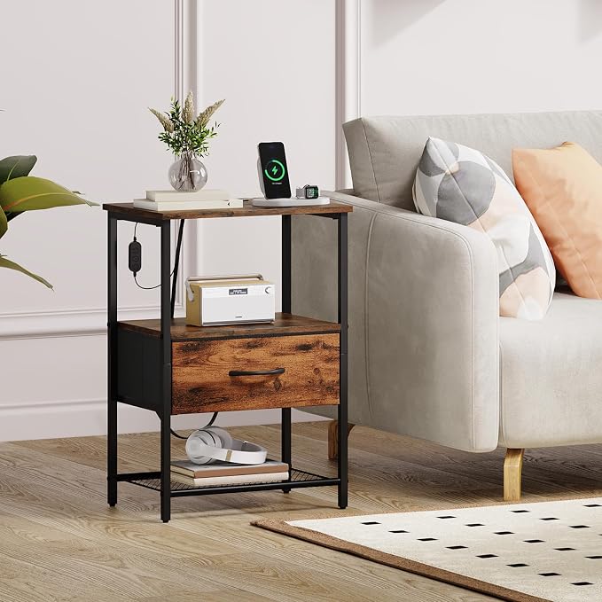 Somdot Nightstand Set of 2 with Charging Station & LED Light, Bedside Table | Dorm, Guest Room, Kids Room, Laundry, Closet, Entryway and Hallway, Brown