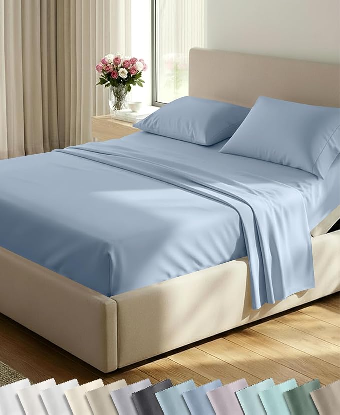 California Design Den 600 Thread Count Split King Sheet Set, 5 Pcs, Blue | 100% Cotton Sateen, Good Housekeeping Seal, Split King Sheets Sets for Adjustable Bed with 2 Separate Twin-XL Mattresses