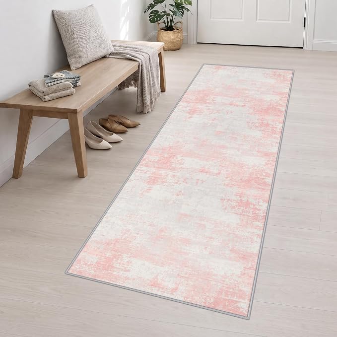 2.6x10 Washable Runner Rug:Modern Abstract Soft Carpet Pink White | For Hallway, Bedroom, Kitchen, Laundry, Bathroom,Door Mat,Modern Abstract,Machine washable,Non-Slip,Stain Resistant,Indoor