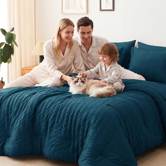 Full Size Comforter Set 7 Pieces Lyons Blue Seersucker Bed in a Bag | OEKO-TEX Certified, All Season Bedding Set with 240 GSM Down Alternative Comforter, Flat & Fitted Sheets, Pillowcases & Shams