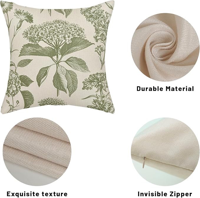 Sage Green Pillow Covers 20x20 Inch 2 Pcs Boho Vintage Floral Decor Throw Pillows Hydrangea Flower Seasonal Outdoor Farmhouse Neutral Accent Decoration Pillowcase Linen Cushion Cover for Sofa