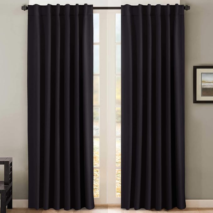 H.VERSAILTEX Blackout Curtains Thermal Insulated Window Treatment Panels Room Darkening Blackout Drapes for Living Room Back Tab/Rod Pocket Bedroom Draperies, 52 x 84 Inch, Black, 2 Panels