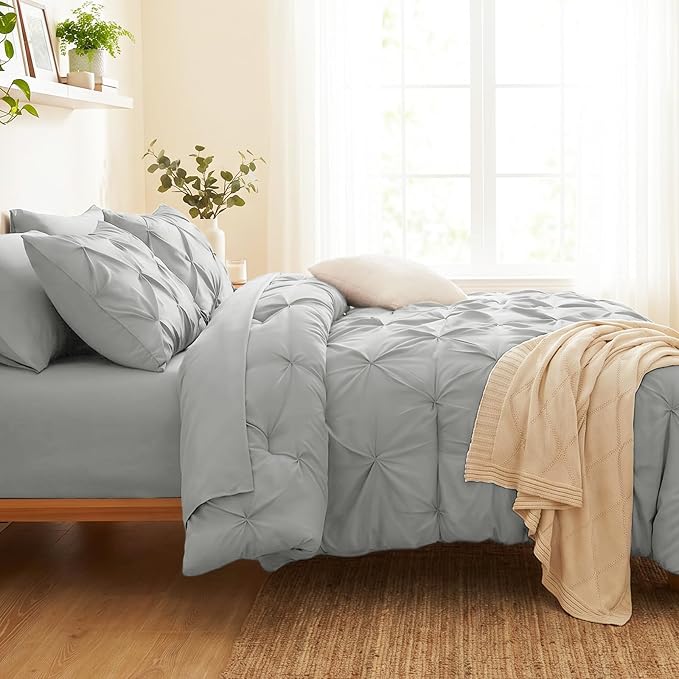 Queen Comforter Set Light Grey, 7 Pieces Pintuck Bed in a Bag | OEKO-TEX 100 Certified, 240GSM All Season, Bedroom, Guest Room, Down-Alternative Comforter, Sheets, Pillowcases & Shams