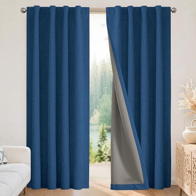 Joydeco Linen Blackout Curtains for Bedroom - 100% Light Blocking 1 Panels, Navy Blue Drapes 100" W x 84" L, Thermal Insulated Room Darkening Curtains for Living Room, Rod Pocket & Back Tabs