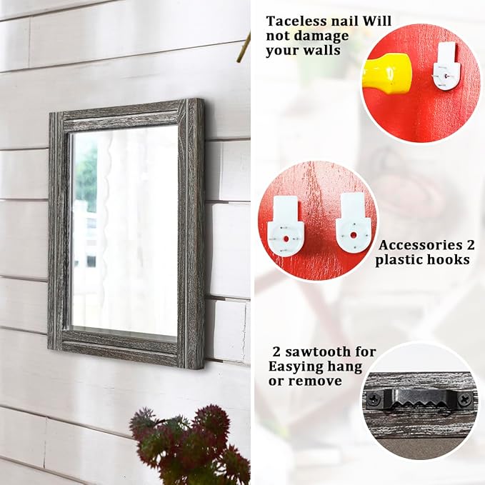 AAZZKANG Mirrors for Wall Rustic Wooden Framed Rectangular 16"x12" | Decorative Hanging Mirrors for Bedroom Bathroom Living Room Entryway Small