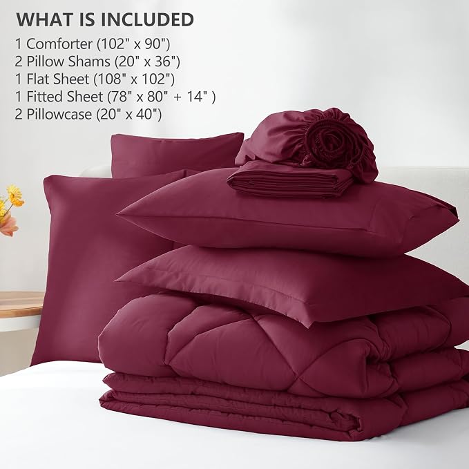 King Size Comforter Set Burgundy - 7 Pieces Complete Bedding Set | OEKO-TEX Certified, All Season, 240GSM Down-Alternative Comforter, Sheets, Pillowcases & Shams, 14" Deep Pocket, Easy Care