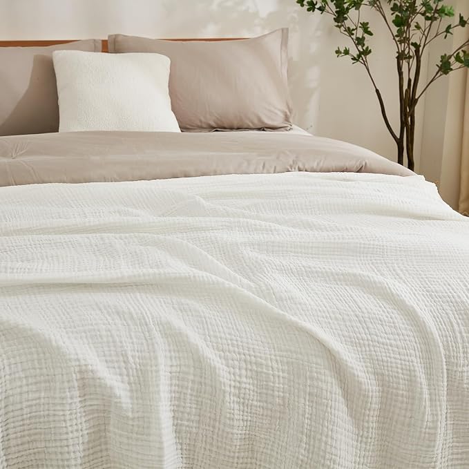EMME Muslin Blankets for Adults Throw Blanket for Couch Breathable Gauze Soft Lightweight Airy White Queen 90" x 90"