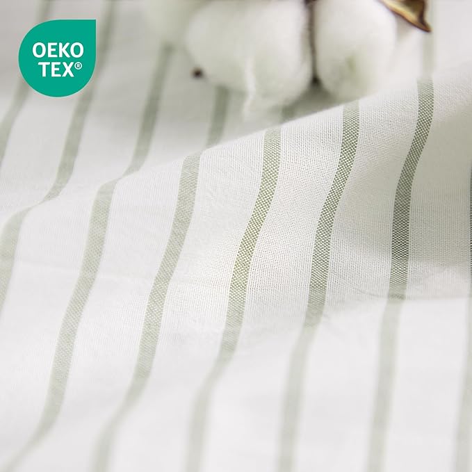NEXHOME PRO Striped Duvet Cover Oversized Queen,100% Washed Cotton Bedding Set,Textured Linen Feel,Breathable,Organic,3 Piece(Green Stripes 98x98)
