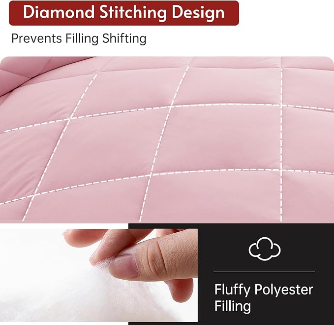 7 Pieces Full Comforter Set, Reversible Bed in a Bag Full Size, All Season Bedding Set with Comforter, Flat Sheet, Fitted Sheet, Pillowcases & Shams, Light Pink & Ivory