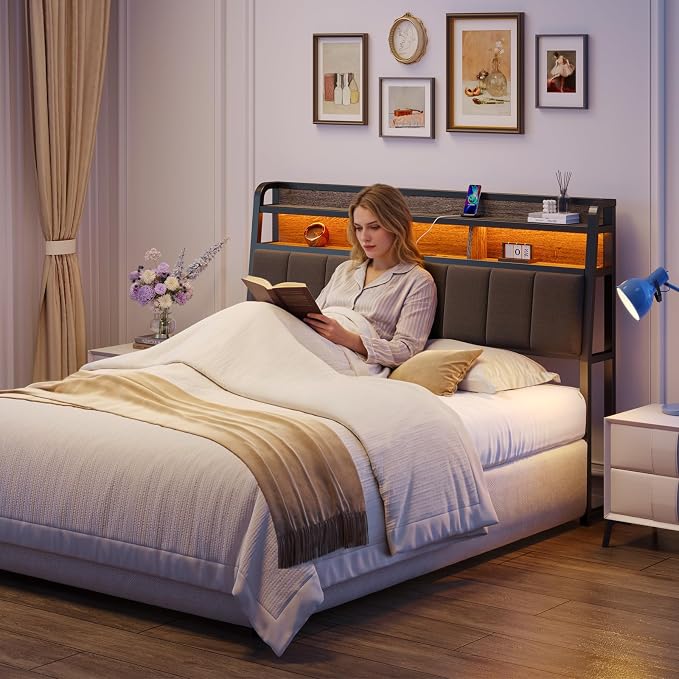 ComfyCorner Queen Size Headboard with Storage & LED Light, Black & Grey | Upholstered Ergonomic Head Board with Power Outlets & 2-Tier Storage, Queen Headboard Only, Bed Frame Mounting, Heavy Duty