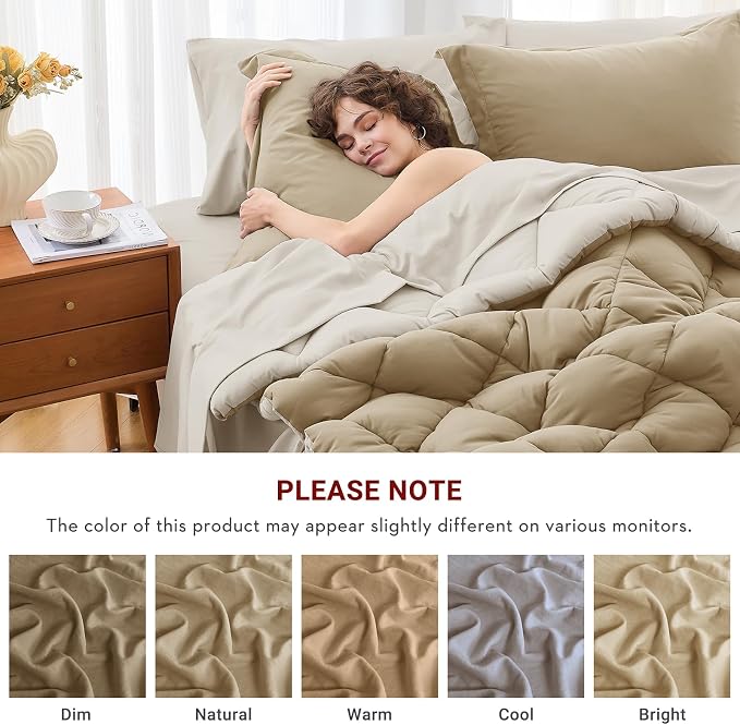 7 Pieces Full Comforter Set, Reversible Bed in a Bag Full Size, All Season Bedding Set with Comforter, Flat Sheet, Fitted Sheet, Pillowcases & Shams, Khaki & Linen