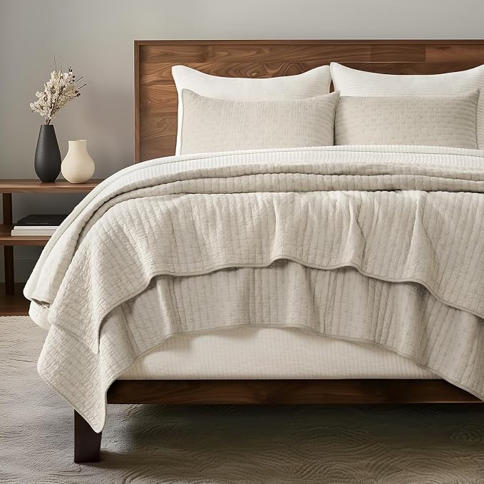 100% Cotton Cross Stitch 3-Piece Quilt Set, Queen, Flax Beige | 100% Cotton, Elegant Cross Stitch, Soft & Breathable, Prewashed Softness, Oversized Design, OEKO-TEX® Certified