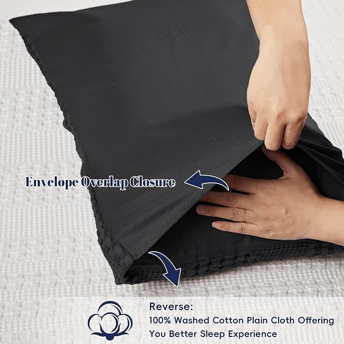 PHF 100% Cotton Waffle Pillow Shams King Size, 2 Pack 20" x 36" Soft Skin-Friendly Pillowcases, No Filling, Aesthetic Woven and Breathable Waffle Weave Pillow Case Covers for Bed, Black