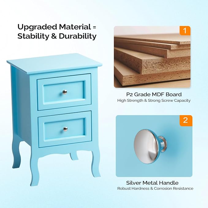 Bonnlo Nightstand Set of 2, Nightstands with 2 Drawers, Blue Nightstand, Bed Side Table/Night Stand, Small Nightstands for Bedroom, Small Spaces, College Dorm, Kids’ Room,Living Room, Wood,16W*12D*24H